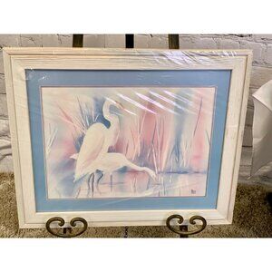 Vintage 1980's Framed Art Deco Revival Pastel Crane Birds Lithograph by Madden